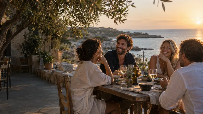 Illustrative friends sharing an evening at a seaside terrace